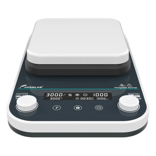 Top view of the square plate and of the panel with display and two knobs