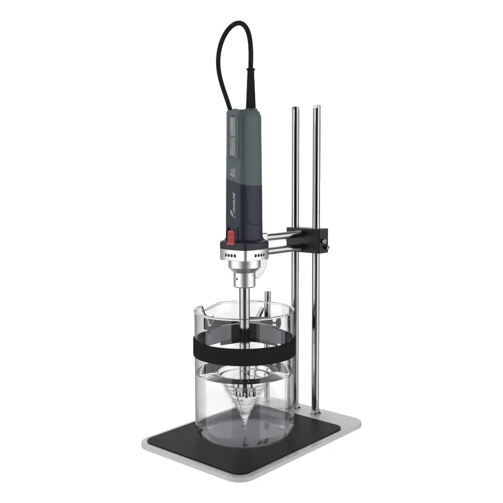 Homogenizer mounted on its stand, with the shaft inside the beaker
